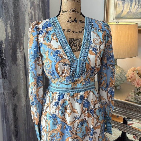 BOSTON PROPER New with tags blue white gold scarf chain print dress 0 2 XXS - Picture 2 of 13